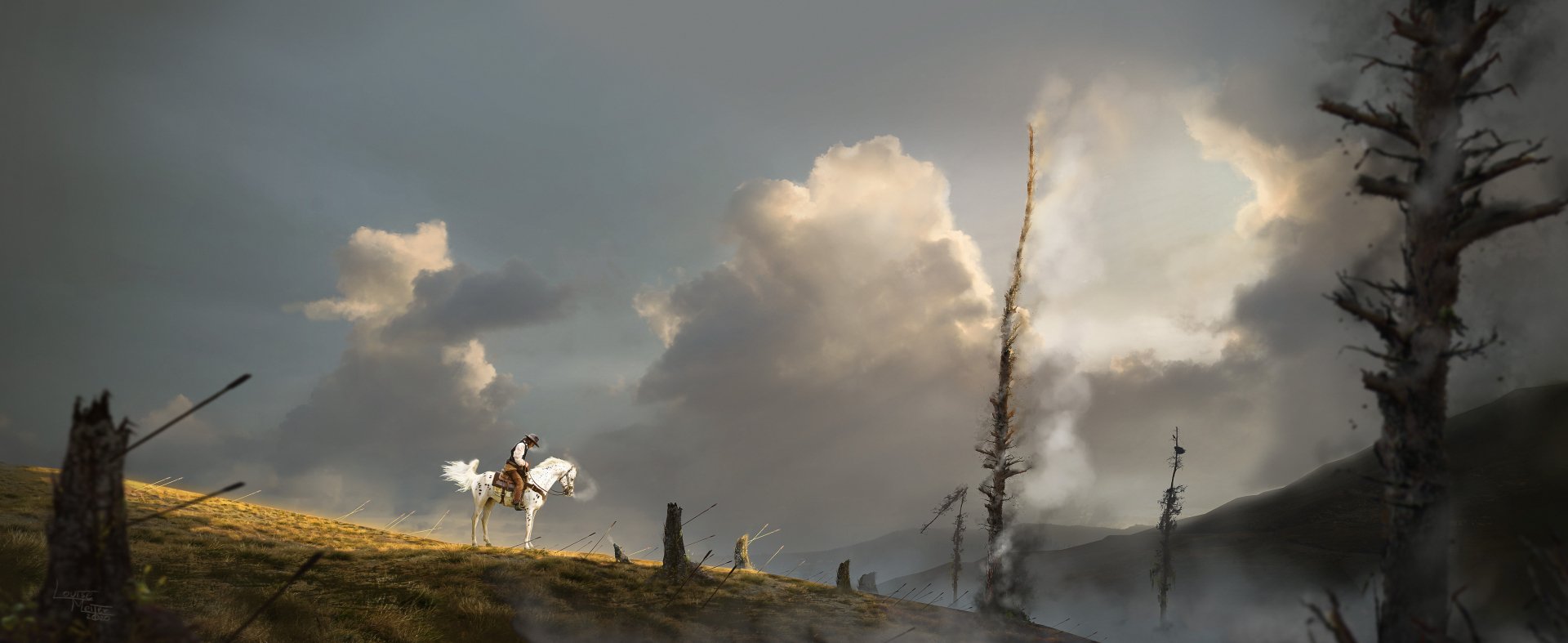 4K Ultra HD desktop wallpaper featuring a lone cowboy on horseback against a dramatic cloudy sky and vast landscape.