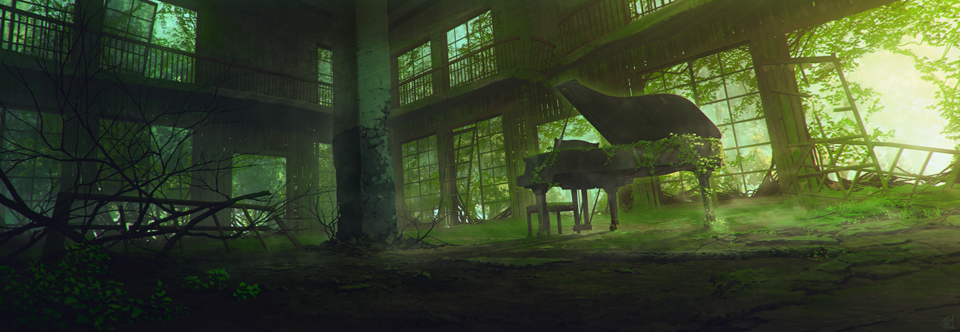 An anime-style HD desktop wallpaper depicting an abandoned building overtaken by greenery, featuring a grand piano bathed in soft natural light.