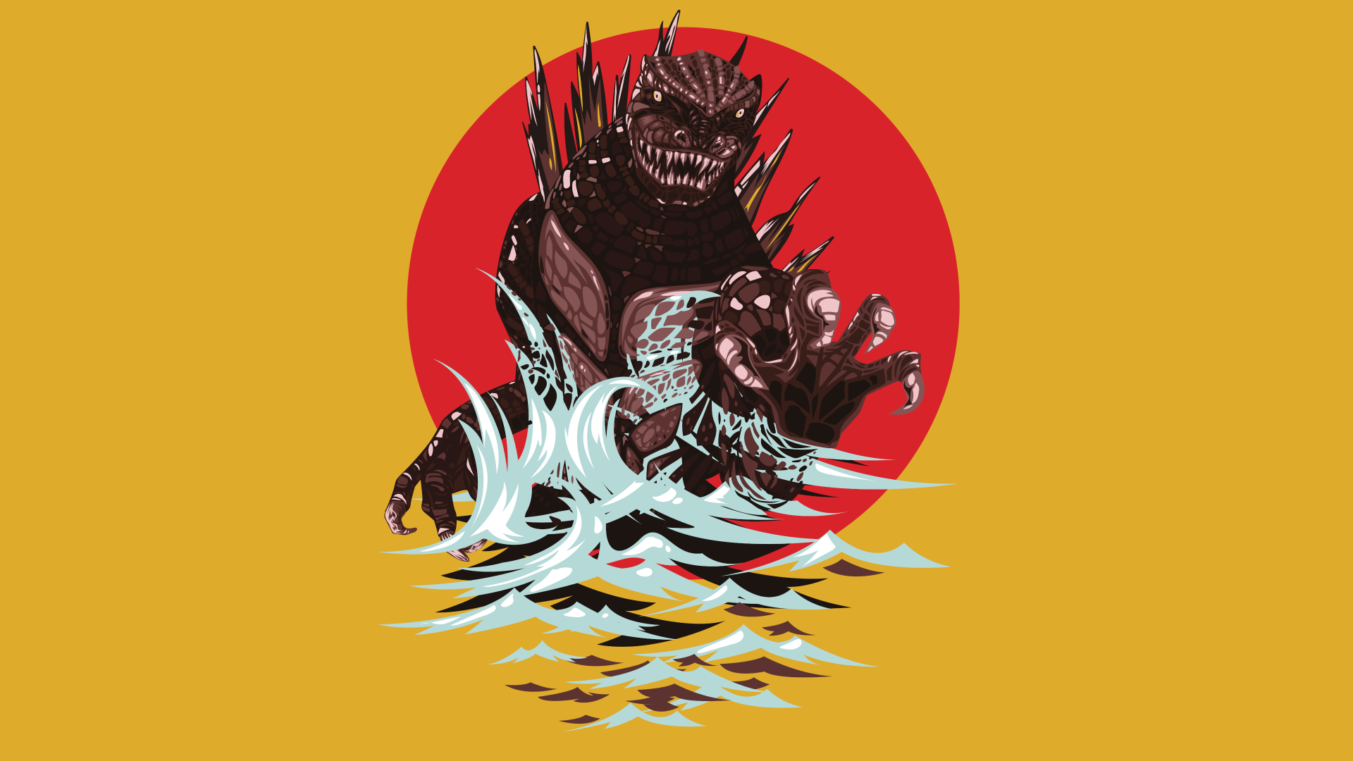 Vector-style 4K Ultra HD PC wallpaper featuring Godzilla emerging from water with a bold red circle background, inspired by the iconic movie monster.