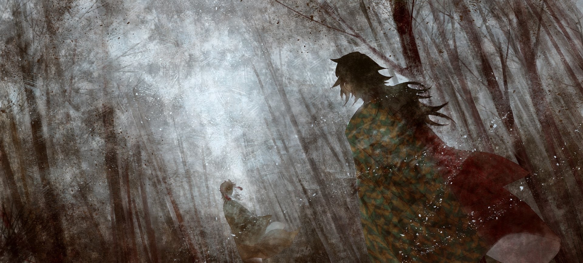HD PC desktop wallpaper featuring Giyuu Tomioka from the anime Demon Slayer: Kimetsu no Yaiba, set against a misty, eerie forest background.