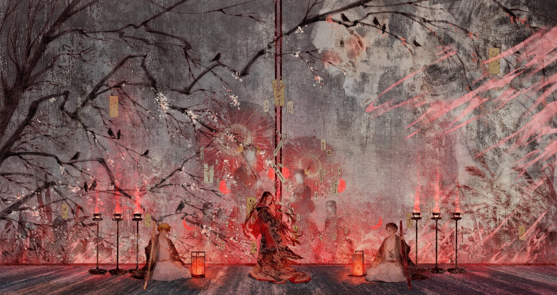 HD desktop wallpaper featuring Zenitsu Agatsuma, Nezuko Kamado, and Tanjiro Kamado from the anime Demon Slayer: Kimetsu no Yaiba. The background showcases an artistic, red-tinged, and atmospheric scene.