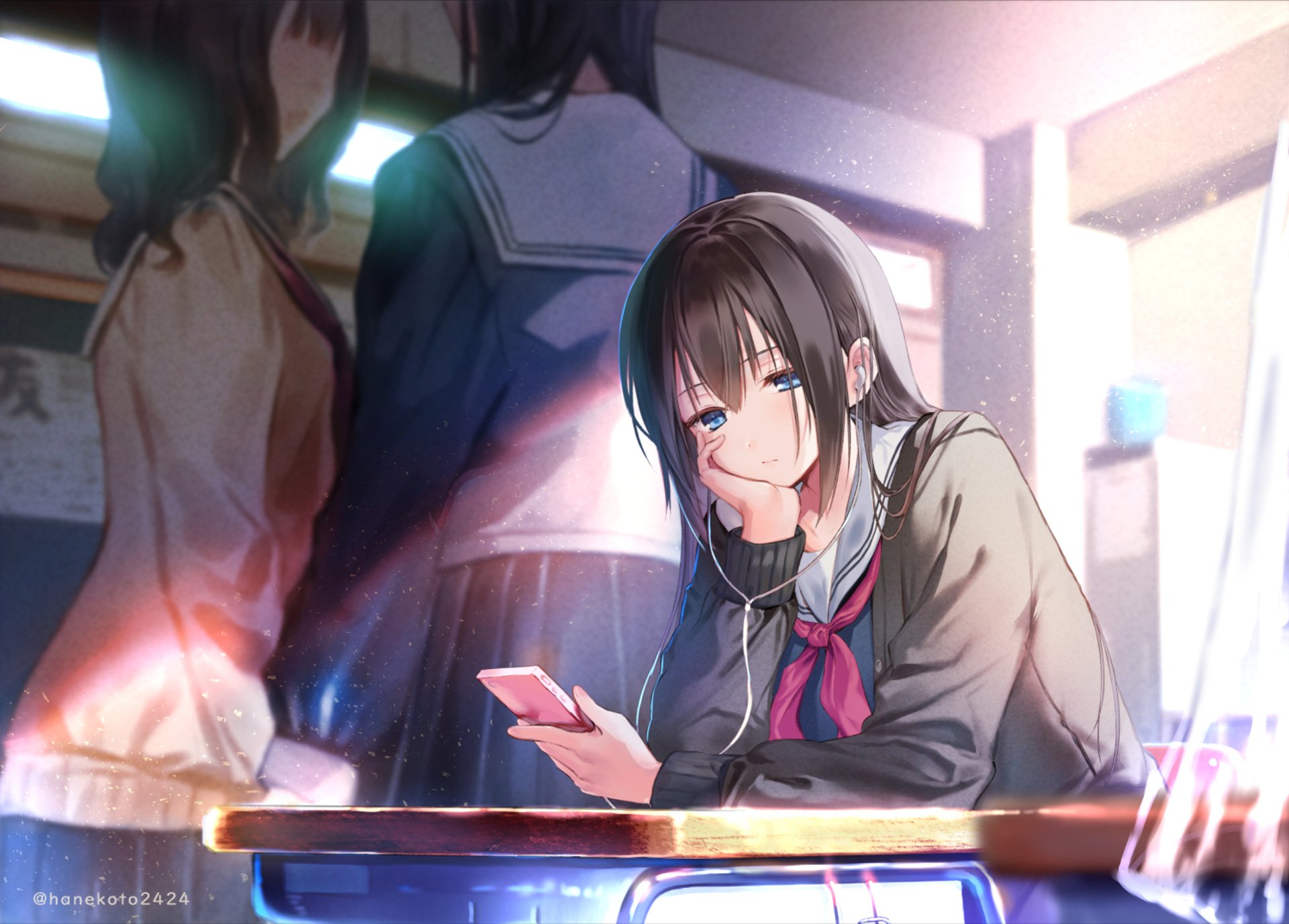 Anime girl with black hair and blue eyes in a school uniform, sitting at a desk and holding a phone, depicted in an HD PC desktop wallpaper background.