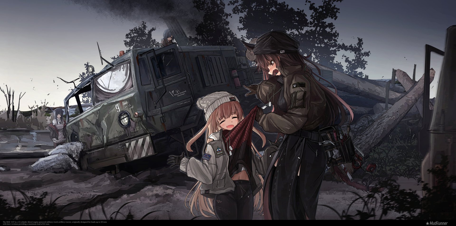 HD anime desktop wallpaper featuring two long-haired characters in military attire standing near a rugged armored vehicle amidst a dark, war-torn landscape.
