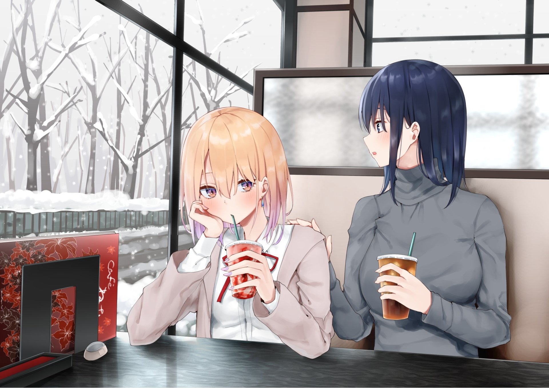 Anime-style HD desktop wallpaper showing two original characters with black and blonde hair enjoying drinks indoors, with a snowy landscape visible outside the window.