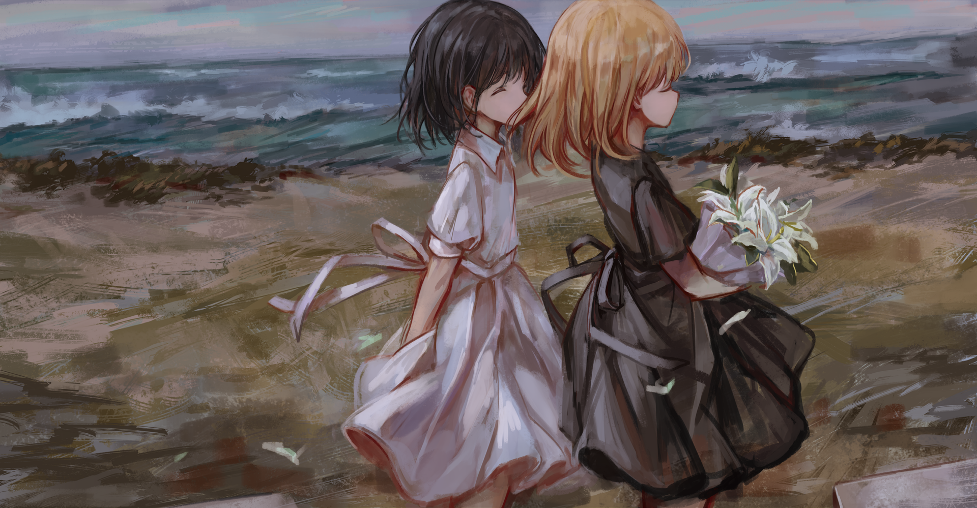 HD anime desktop wallpaper featuring two anime girls walking by the sea, one holding white flowers, blending soft floral and seaside elements.