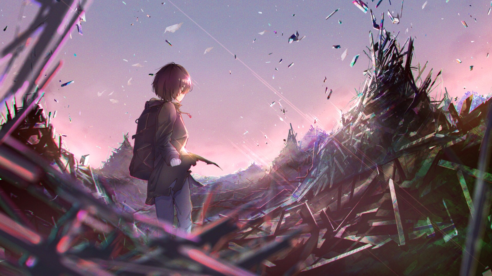 An HD desktop wallpaper featuring an anime girl with short hair standing among shattered glass and glowing fragments against a sunrise backdrop.