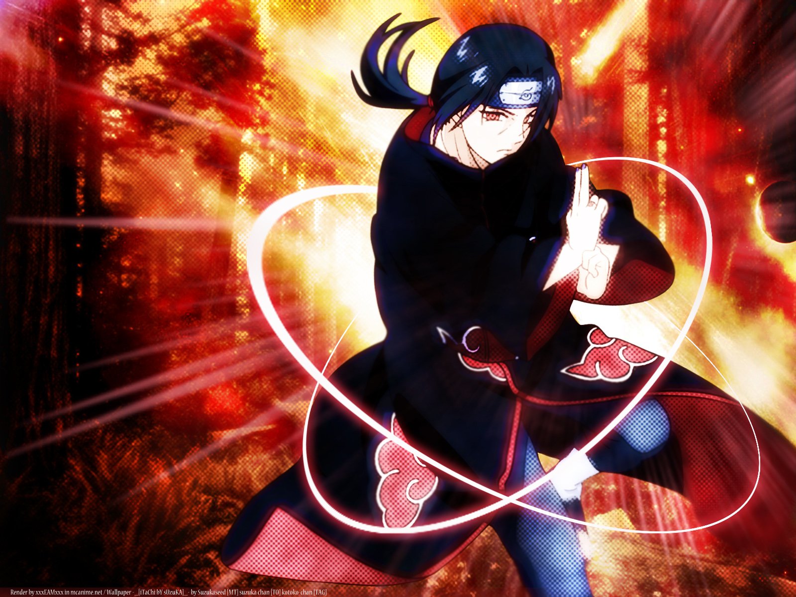 Itachi Uchiha from Naruto strikes a dynamic pose in this HD anime wallpaper, showcasing a vibrant forest background and his iconic attire.
