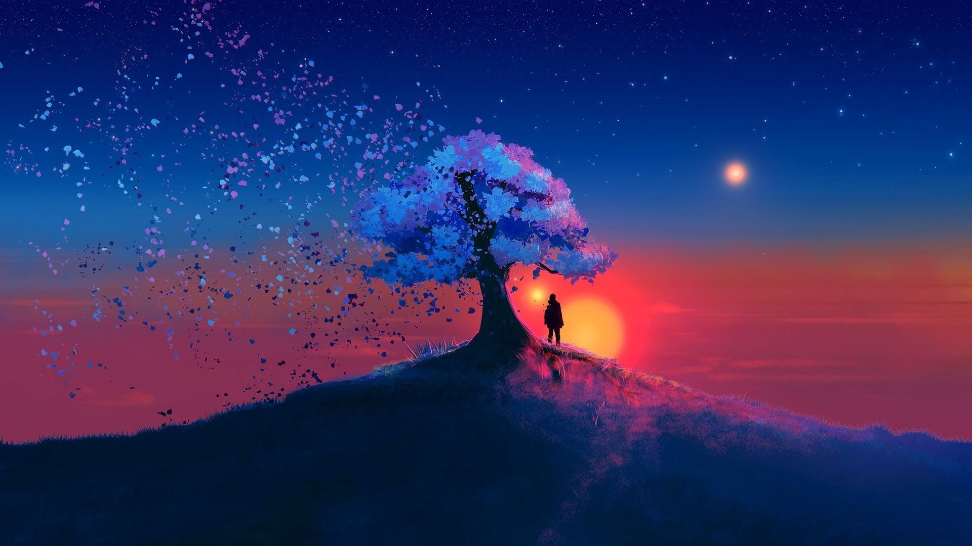 Boy Standing under Tree at Sunset Fondo de pantalla HD | Fondo de ...
