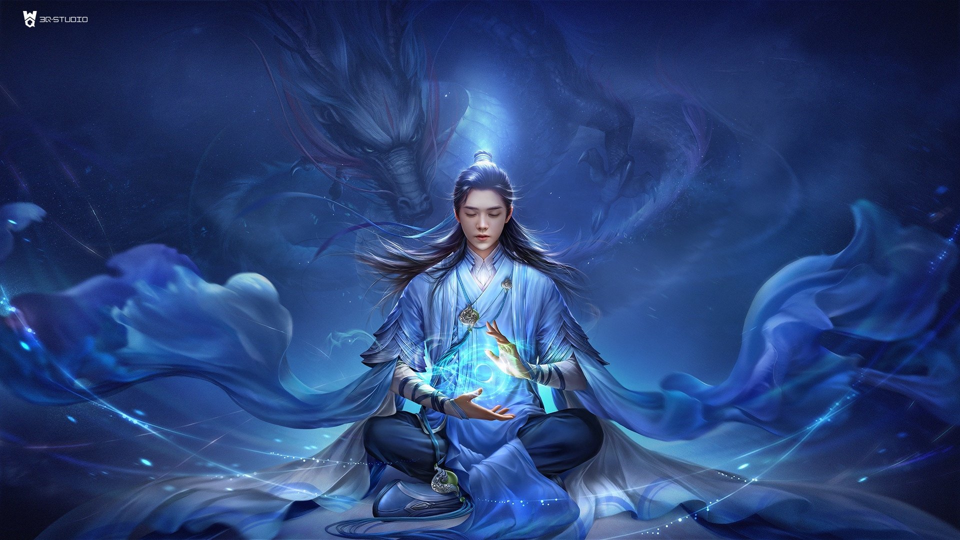 HD PC wallpaper depicting an Asian sorcerer in blue robes conjuring magic, with a majestic dragon swirling in a mystical fantasy background.