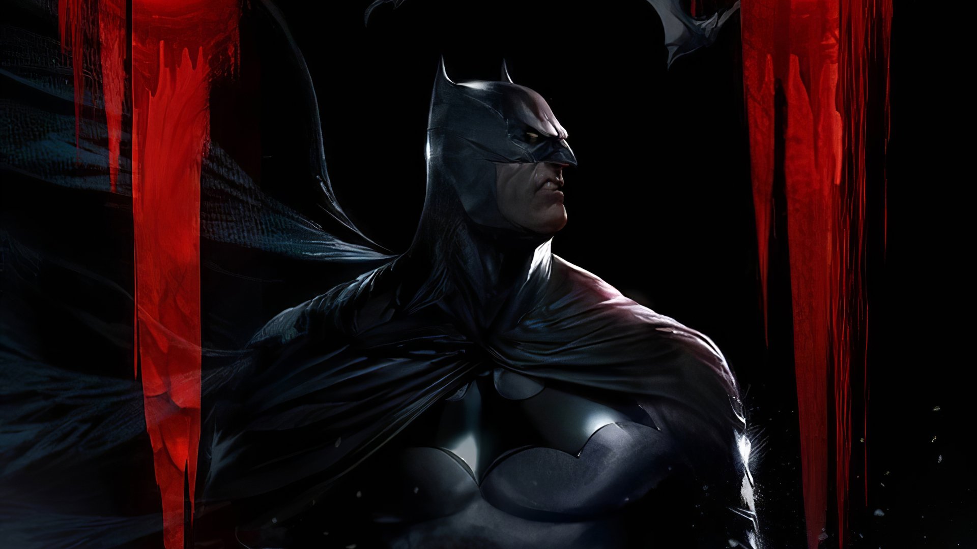 HD PC desktop wallpaper featuring Batman from DC Comics, depicted in a dark, dramatic pose with a red and black comic-style background.