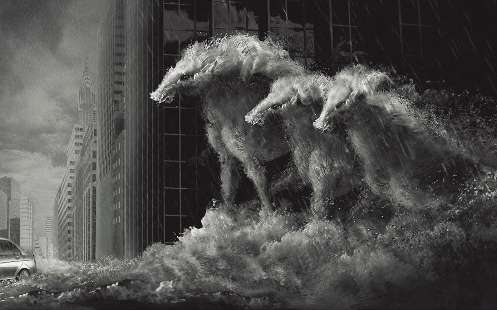A stunning HD fantasy wallpaper featuring ethereal water horses emerging from crashing waves, set against a backdrop of towering city buildings, creating a dramatic and mystical atmosphere.