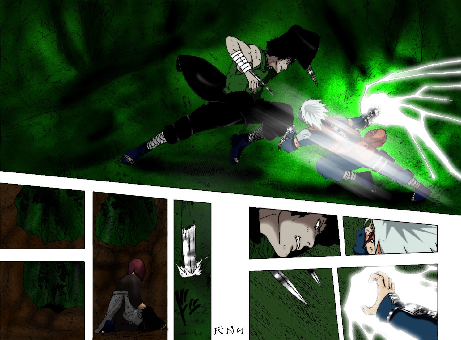 Kakashi Hatake and Might Guy engage in an intense battle, showcased in this vibrant HD desktop wallpaper inspired by the anime Naruto. Action and drama blend seamlessly in this artwork.