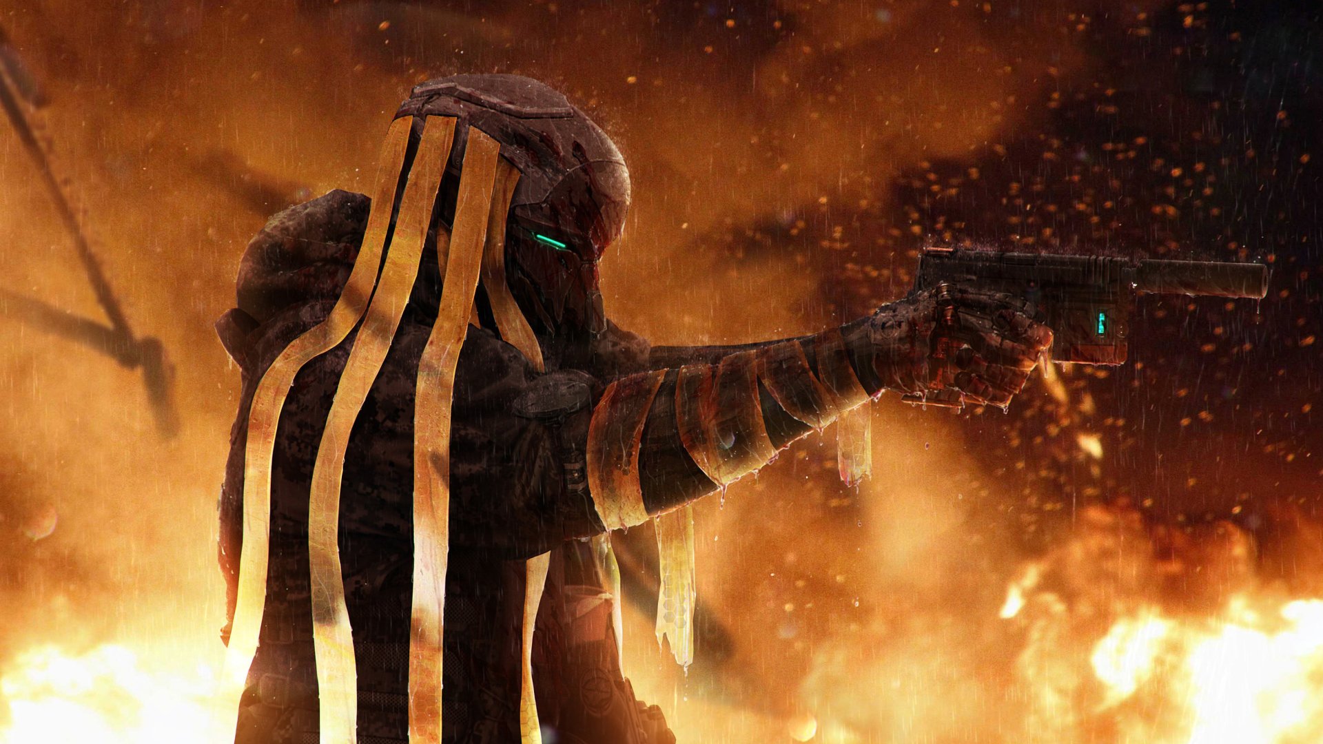 A sci-fi warrior in futuristic armor aims a pistol amid glowing embers and fiery chaos, captured in high definition as a striking PC desktop wallpaper.