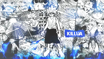 HD desktop wallpaper featuring Killua Zoldyck from the anime Hunter x Hunter, showcasing a monochrome collage of dynamic scenes with a central colored image of Killua.