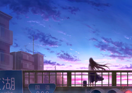 Anime-style 4K Ultra HD desktop wallpaper depicting a long-haired figure standing by a railing against a vibrant sky at dusk in an original Sky Anime scene.