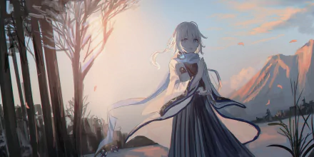 Noah from Granblue Fantasy with long hair stands in a serene landscape at sunrise, captured in an anime-style HD desktop wallpaper.