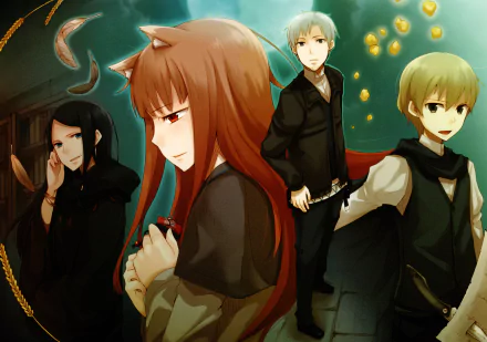 Anime characters Dian Rubens, Kraft Lawrence, Holo, and Fermi Amarti from Spice and Wolf are depicted in an HD desktop wallpaper, featuring varied hair colors, animal ears, and expressive eyes.