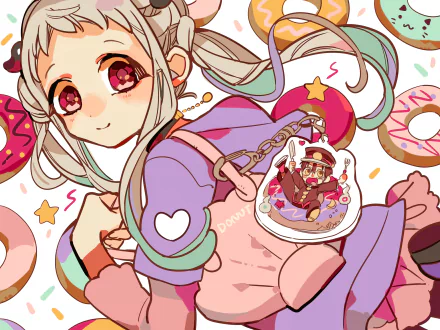 HD anime desktop wallpaper featuring Yashiro Nene holding a keychain of Hanako-kun from Toilet-bound Hanako-kun, surrounded by colorful doughnuts and stars.