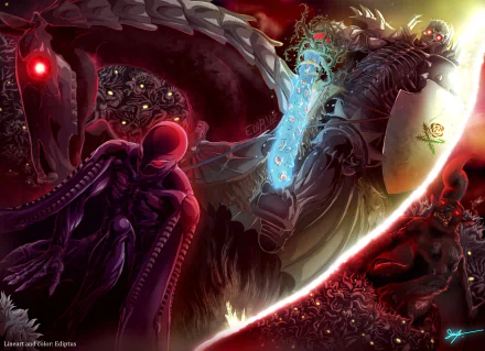 HD PC desktop wallpaper featuring Femto and Skull Knight from the anime Berserk, showcasing a dark, intense battle scene with vivid details and dramatic lighting.