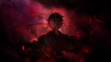 HD desktop wallpaper featuring Tanjiro Kamado from the anime Demon Slayer: Kimetsu no Yaiba. The image has a dark, red-toned background with a dramatic and intense atmosphere.