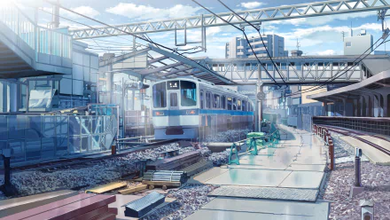 A vibrant 4K Ultra HD anime-style train scene featuring a modern train at a sunlit urban station with detailed tracks and overhead wires.