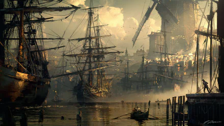 HD wallpaper featuring a fantasy cityscape with tall ships at the dock, a windmill, and industrial structures under a dramatic, cloudy sky.