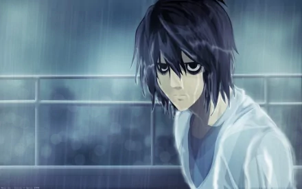 An HD desktop wallpaper featuring L from Death Note, depicted in a somber moment under rain, conveying deep emotion and intensity from the anime.
