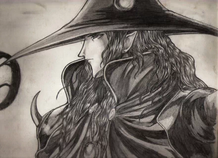 Black and white anime-style illustration of Vampire Hunter D with flowing hair and wide-brimmed hat, designed as an HD PC desktop wallpaper background.