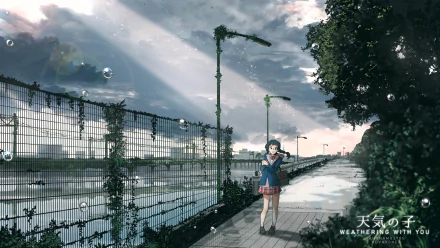 HD PC desktop wallpaper featuring Hina Amano from the anime Weathering with You, standing on a rainy street under a cloudy sky with light breaking through.