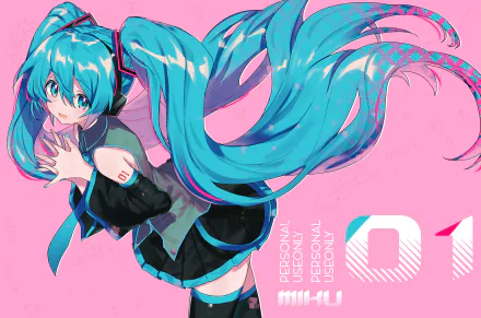 HD anime desktop wallpaper featuring Hatsune Miku, the iconic Vocaloid character, with flowing turquoise twin tails against a pink background and the number 01.