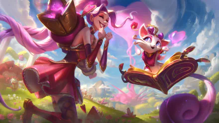 HD PC desktop wallpaper featuring Yuumi and Jinx from League of Legends in a vibrant, colorful video game scene with dynamic, playful energy.