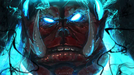 HD PC desktop wallpaper featuring an intense close-up of a glowing-eyed character from the anime Solo Leveling, surrounded by ethereal blue smoke effects.