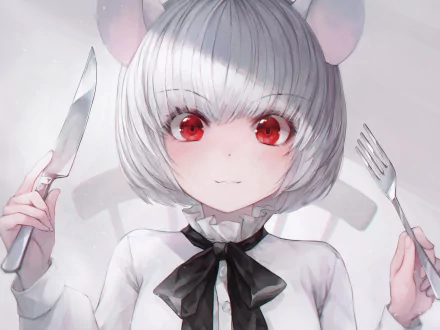 Anime-style character with white hair, red eyes, and animal ears holds a fork and knife, set against a soft background in this HD PC desktop wallpaper.