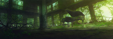 An anime-style HD desktop wallpaper depicting an abandoned building overtaken by greenery, featuring a grand piano bathed in soft natural light.