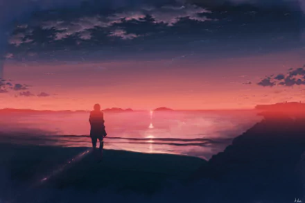 HD anime desktop wallpaper featuring an original artwork of a lone figure watching a vibrant sunset over the ocean, blending warm and cool tones in a serene scene.