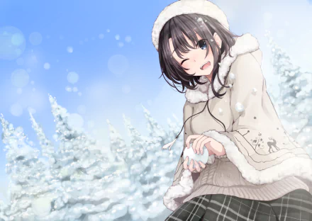 Anime-style original 4K Ultra HD desktop wallpaper featuring a smiling girl in winter attire holding snow against a snowy forest backdrop under a clear blue sky.