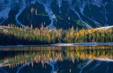 4K Ultra HD desktop wallpaper of Italy's serene mountain lake with vibrant autumn trees reflecting perfectly on the calm water, showcasing stunning natural beauty.
