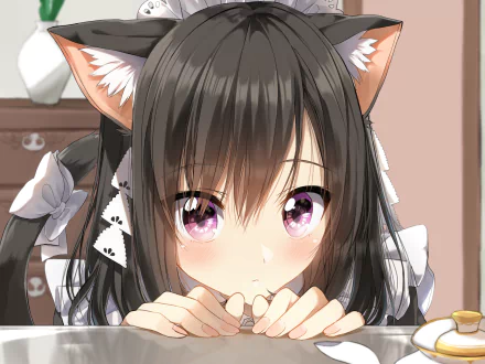 HD anime desktop wallpaper featuring an original character with maid attire and animal ears, displaying a close-up of her expressive purple eyes and detailed hair.