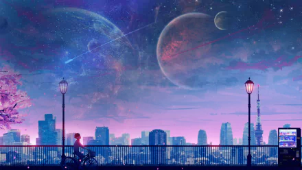 Anime-inspired HD wallpaper features a cityscape at night with a starry sky, a glowing moon, and planets. A person rides a bicycle on a bridge, illuminated by streetlights.