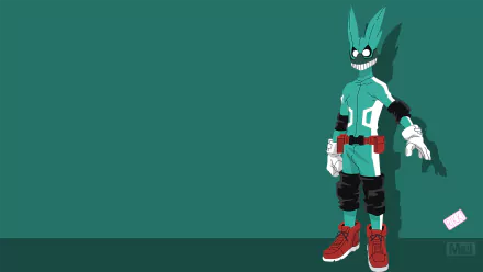 Minimalist HD PC desktop wallpaper featuring Izuku Midoriya from My Hero Academia in a stylized anime design with a teal background.