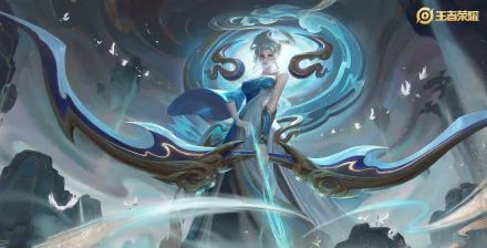 Woman warrior archer in flowing blue robes draws an ornate bow amid swirling magic — Arena of Valor 2K Quad HD PC desktop wallpaper.