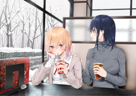 Anime-style HD desktop wallpaper showing two original characters with black and blonde hair enjoying drinks indoors, with a snowy landscape visible outside the window.