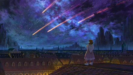 Anime-style HD desktop wallpaper featuring a night town under a starry sky with vibrant purple and blue hues and multiple shooting stars streaking across the celestial backdrop.