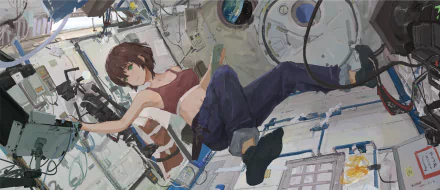 HD anime-style original artwork depicting a girl floating inside a detailed space station, designed as a PC desktop wallpaper and background.