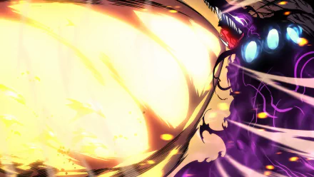 4K Ultra HD anime wallpaper featuring Tusk from Solo Leveling unleashing a powerful, glowing attack with dynamic lighting and intense energy effects.