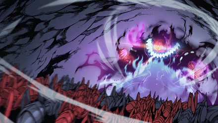 HD desktop wallpaper featuring Tusk from Solo Leveling anime, showcasing an epic battle scene with intense colors and dynamic action elements.