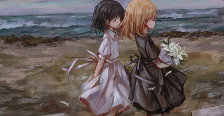 HD anime desktop wallpaper featuring two anime girls walking by the sea, one holding white flowers, blending soft floral and seaside elements.