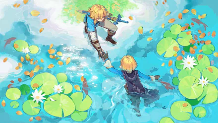 HD wallpaper featuring Link and Zelda from The Legend of Zelda: Tears of the Kingdom. Link reaches out to Zelda, who is in a pond surrounded by lily pads and autumn leaves.
