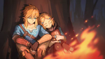 Link and Zelda from 'The Legend of Zelda: Tears of the Kingdom' share a peaceful moment by a campfire in this HD desktop wallpaper.