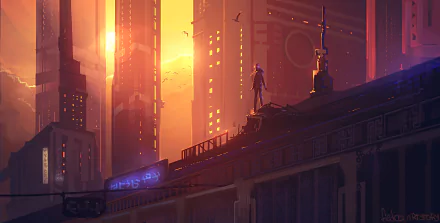 Futuristic sci-fi cityscape with towering buildings bathed in warm sunset light, featuring a figure standing atop a structure in this HD PC desktop wallpaper background.